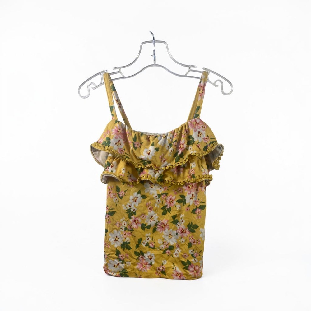 Btween Girls Yellow Floral Ruffle Cami Top Pom Pom Trim Size 8